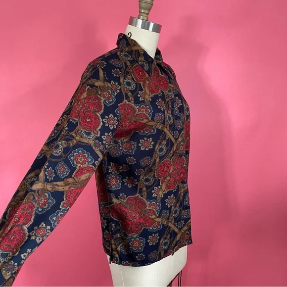 ❌SOLD❌Vintage 90s Pendleton Rayon ButtonDown Shirt Belt Buckle Straps Navy 6 - Picture 4 of 13